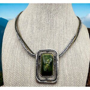 Chicos Layered Neckalce Silver Tone Beaded with Green Statement Pendant